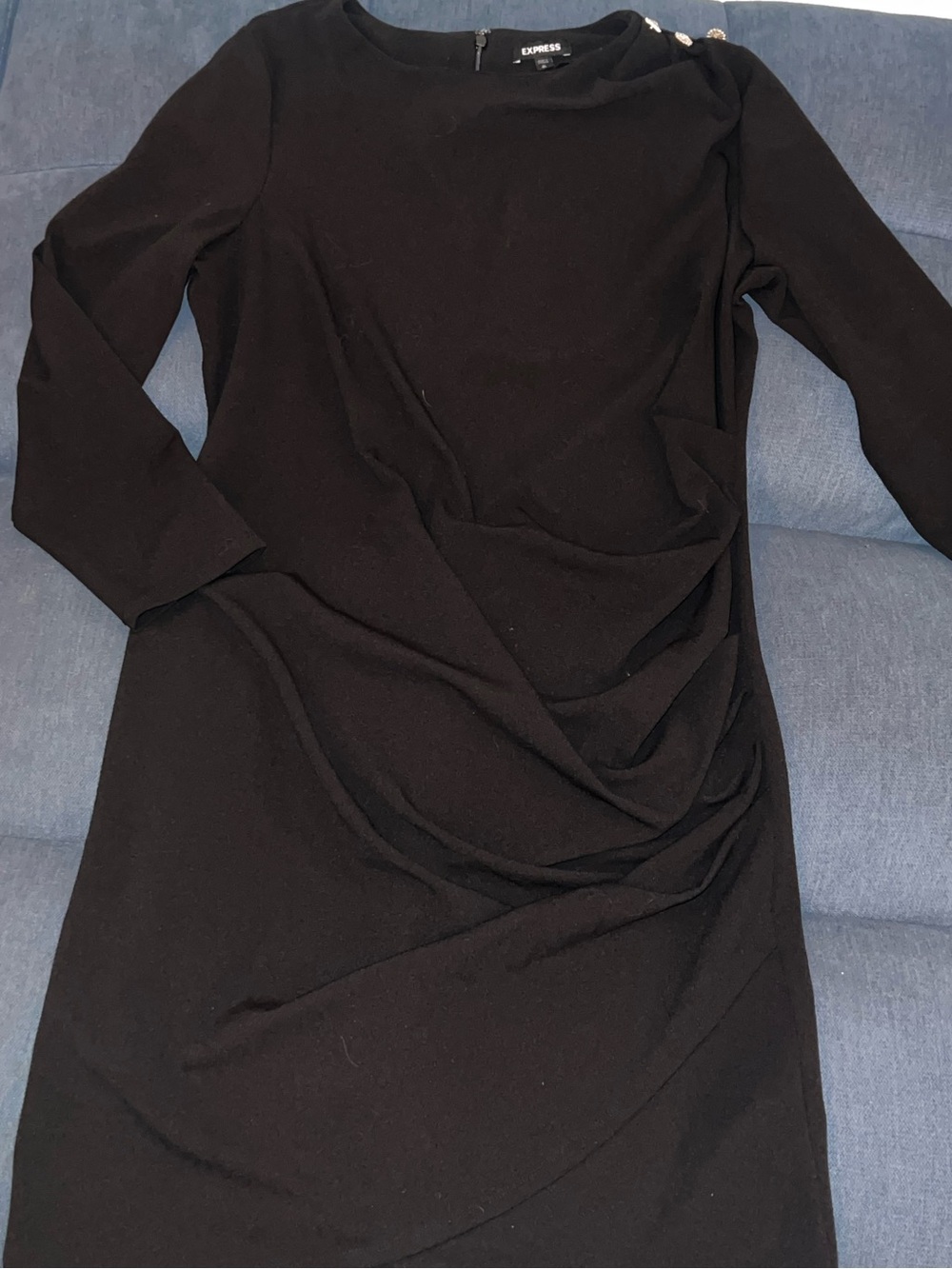 Express Black Long Sleeve Draped Sheath Dress with Shoulder Buttons